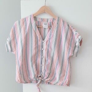Gap Rainbow Stripe Linen Blend Button Down Short Sleeve Beachy Blouse XS